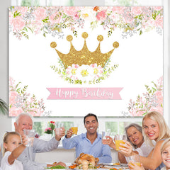 Lofaris Pink and White Floral Golden Crown Birthday Backdrop