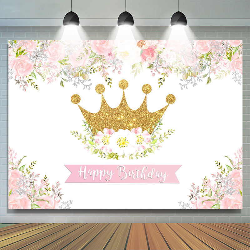 Lofaris Pink and White Floral Golden Crown Birthday Backdrop