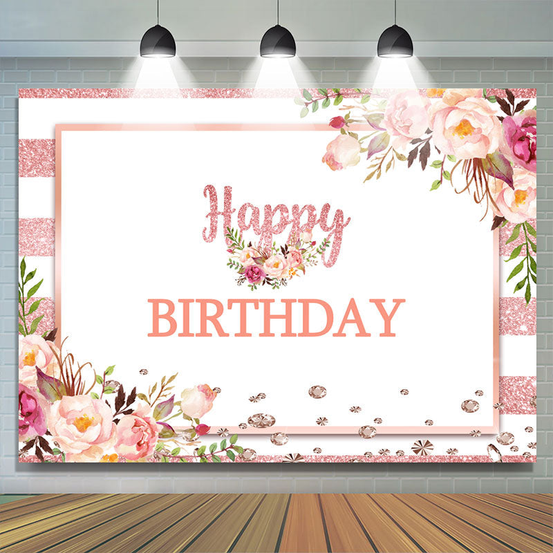 Lofaris Pink And White Floral Happy Birthday Backdrop For Girl