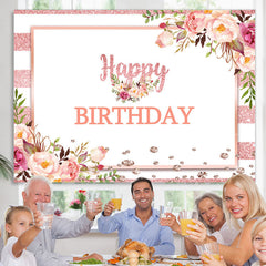 Lofaris Pink And White Floral Happy Birthday Backdrop For Girl