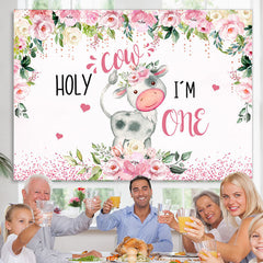 Lofaris Pink And White Floral Holy Cow 1st Birthday Backdrop