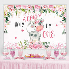 Lofaris Pink And White Floral Holy Cow 1st Birthday Backdrop