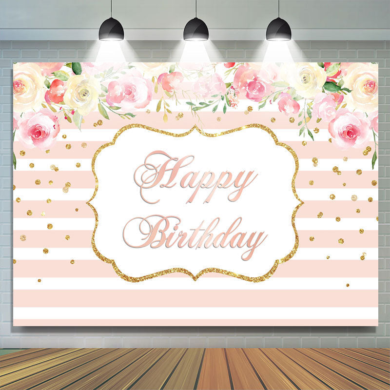 Lofaris Pink And White Floral With Lines Birthday Backdrop