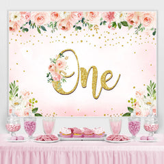 Lofaris Pink and White Roses Happy 1St Birthday Backdrop Girl