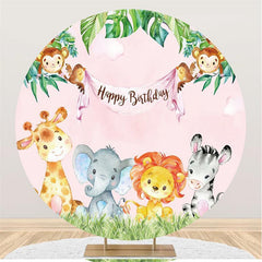 Lofaris Pink Animals And Green Leave Round Birthday Backdrop