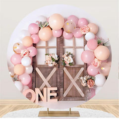 Lofaris Pink Ballons And Wood Door Round 1st Birthday Backdrop