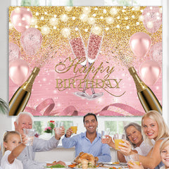 Lofaris Pink Balloon And Golden Glitter Happy Birthday Backdrop