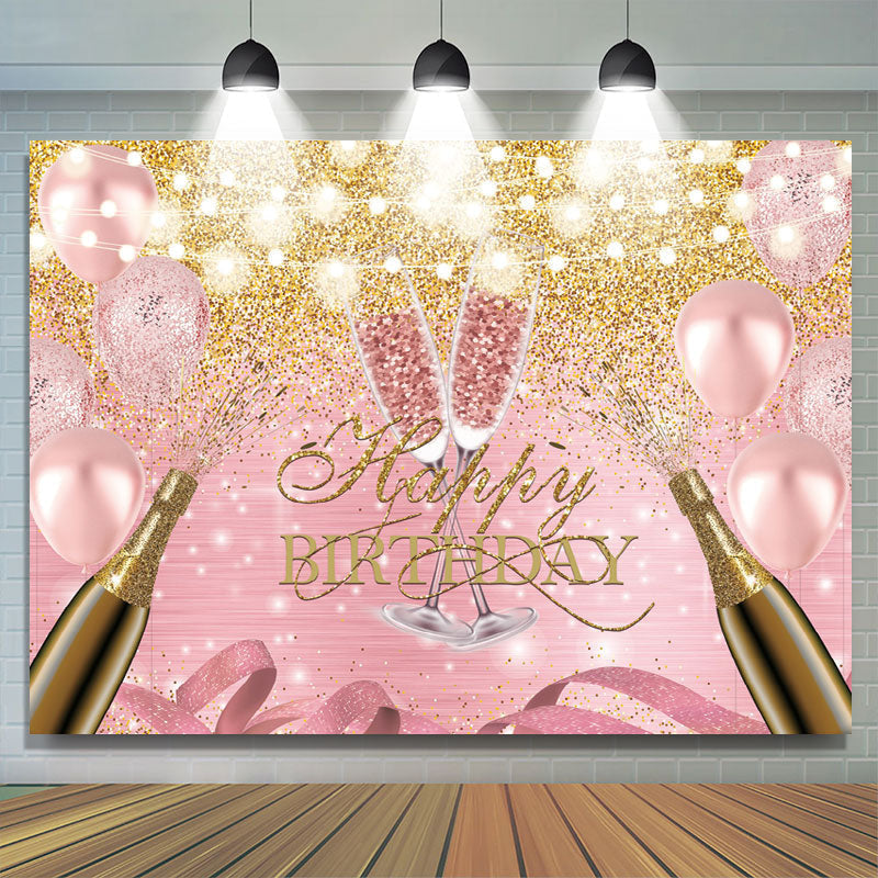 Lofaris Pink Balloon And Golden Glitter Happy Birthday Backdrop