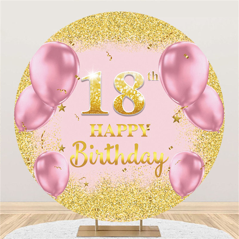 Lofaris Pink Balloons Round Gold Glitter 18th Birthday Backdrop