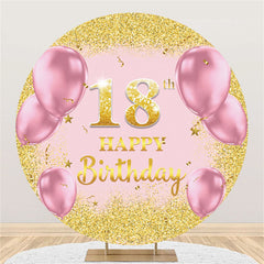 Lofaris Pink Balloons Round Gold Glitter 18th Birthday Backdrop