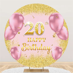 Lofaris Pink Balloons Round Gold Glitter 20th Birthday Backdrop