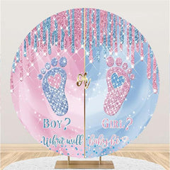 Lofaris Pink Blue Glitter Footprint Round Baby Shower Backdrop