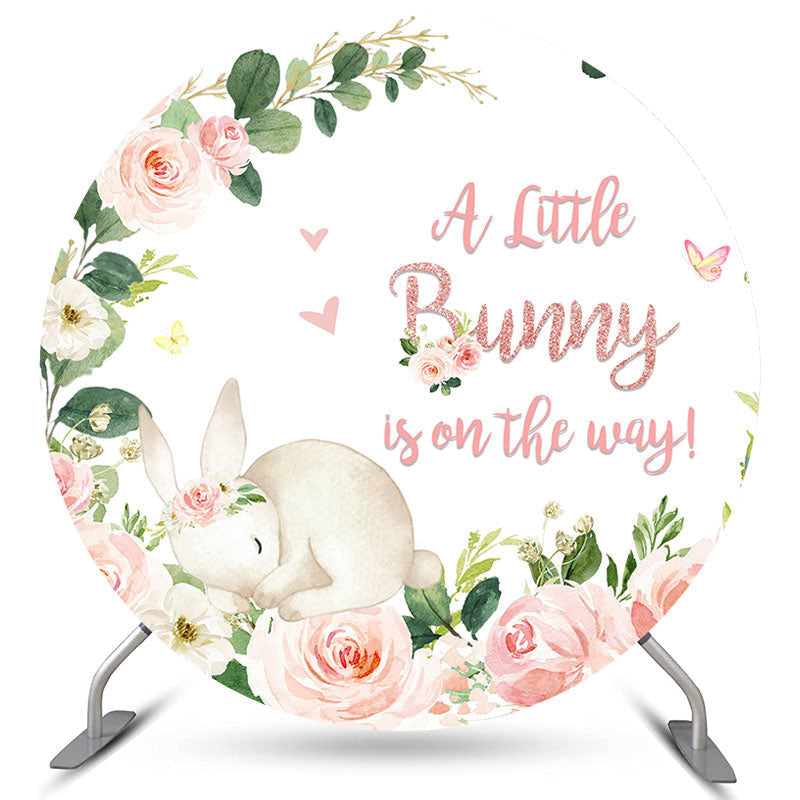 Lofaris Pink Bunny And Flower Spring Round Baby Shower Backdrop