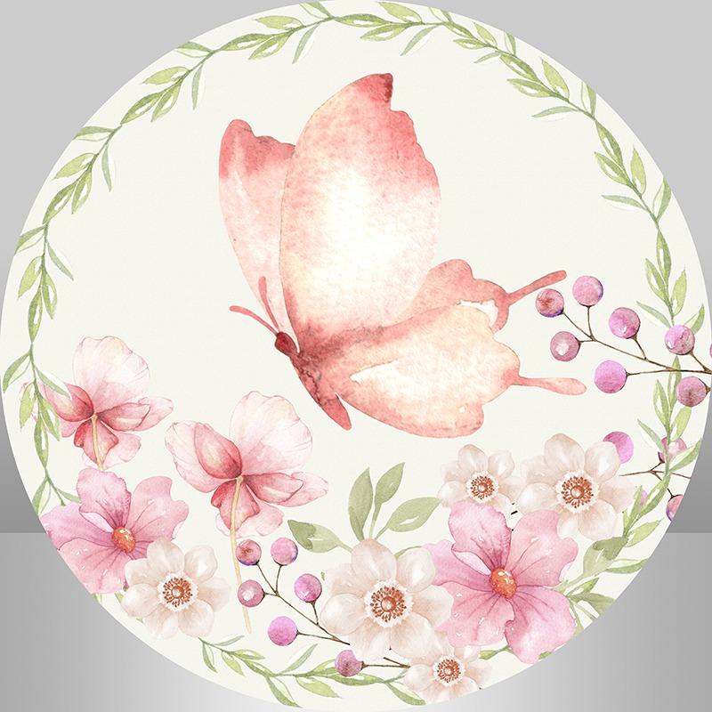 Pink Butterfly And Floral Round Baby Shower Backdrop – Lofaris