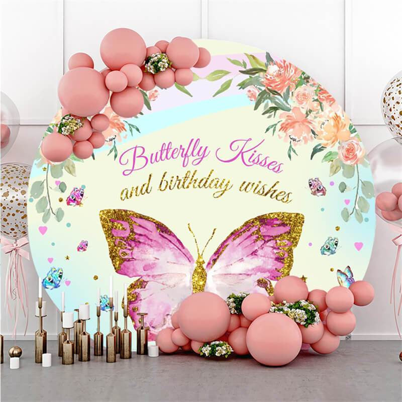 Lofaris Pink Butterfly Round Happy Birthday Backdrop For Girl