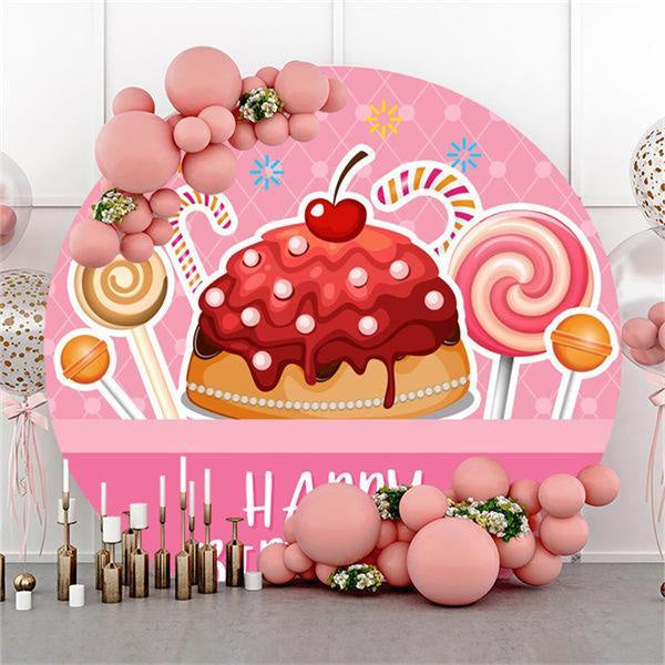 Lofaris Pink Candy And Cake Round Happy Birthday Party Backdrop