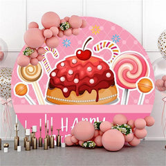 Lofaris Pink Candy And Cake Round Happy Birthday Party Backdrop