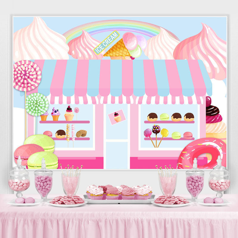 Pink Candy Dessert Shop Themed Happy Birthday Backdrop – Lofaris