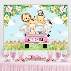 Lofaris Pink Car And Cute Little Animals 1st Birthday Backdrop