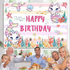 Lofaris Pink Cat Mermaid Fish Happy Birthday Party Backdrop