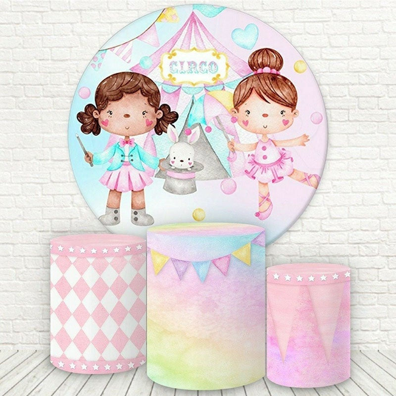 Lofaris Pink Circo And Little Girls Round Birthday Backdrop Kit