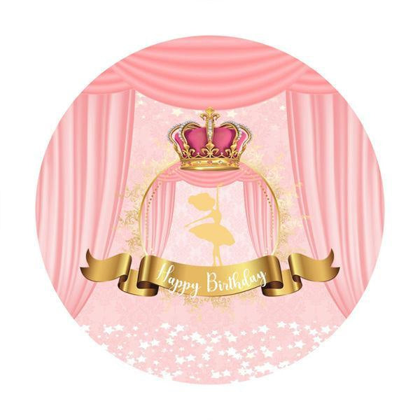 Pink Crown Round Happy Birthday Party Backdrop For Girl - Lofaris