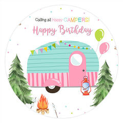 Lofaris Pink Cyan Calling All Happy Campers Round Birthday Backdrop