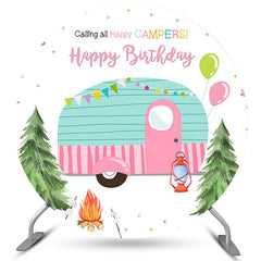 Lofaris Pink Cyan Calling All Happy Campers Round Birthday Backdrop