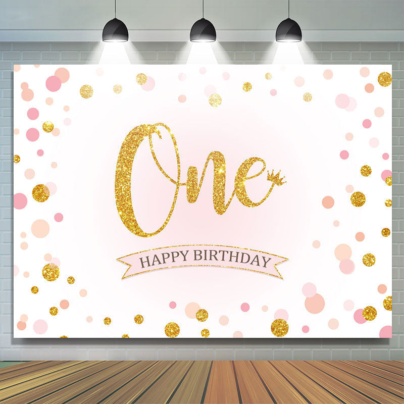 Lofaris Pink Dot Gold Glitter First Happy Birthday Backdrop