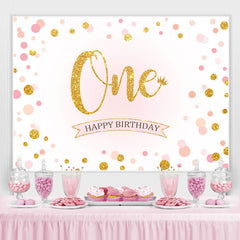 Lofaris Pink Dot Gold Glitter First Happy Birthday Backdrop