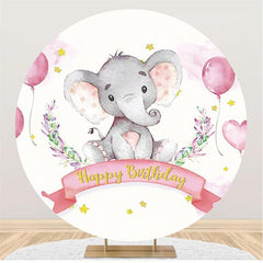 Lofaris Pink Elephant And Ballon Round Girls Birthday Backdrop