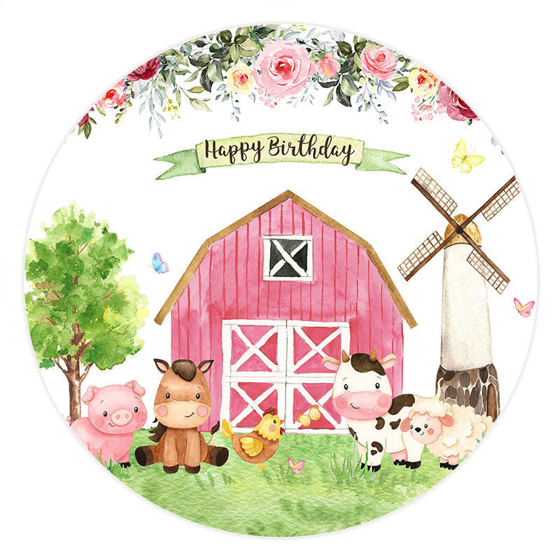 Pink Farmhouse And Animals Round Happy Birthday Backdrop - Lofaris