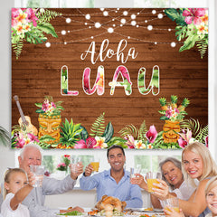 Lofaris Pink Floral Aloha Luau Brown Wood Birthday Backdrop