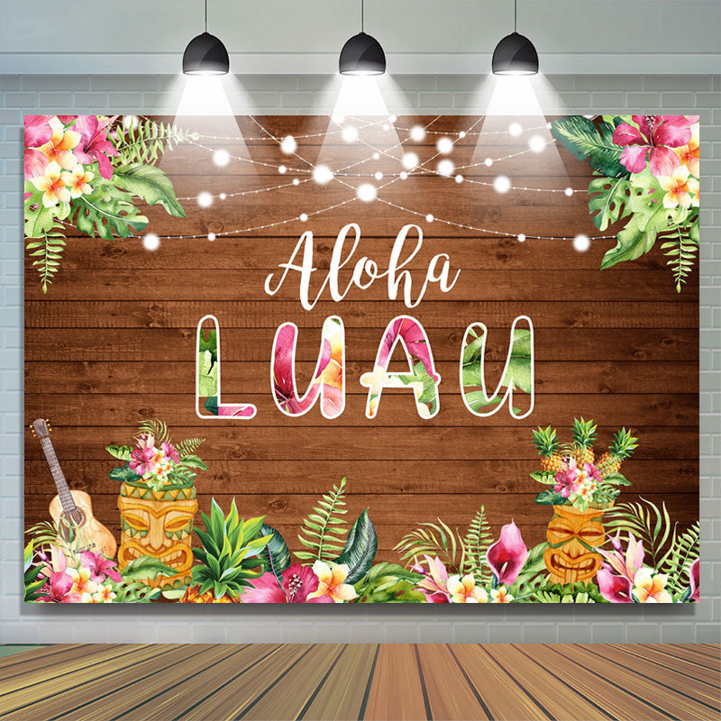 Lofaris Pink Floral Aloha Luau Brown Wood Birthday Backdrop