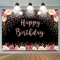 Lofaris Pink Floral And Black Bokeh Happy Birthday Backdrop