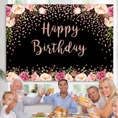 Lofaris Pink Floral And Black Bokeh Happy Birthday Backdrop