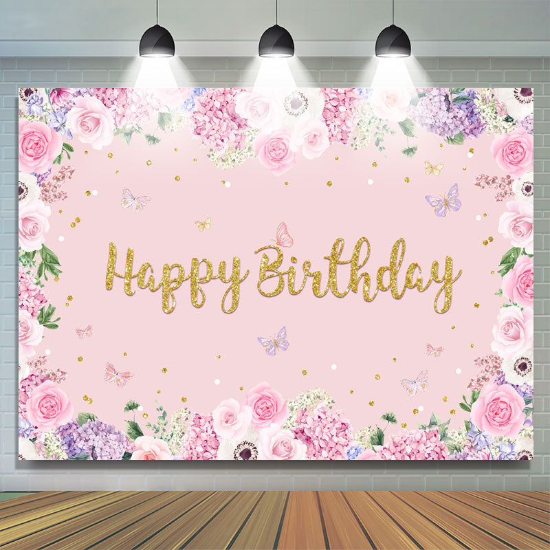 Lofaris Pink Floral And Butterfly Birthday Backdrop For Girl