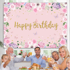 Lofaris Pink Floral And Butterfly Birthday Backdrop For Girl