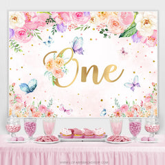 Lofaris Pink Floral And Butterfly Happy 1st Birthday Backdrop