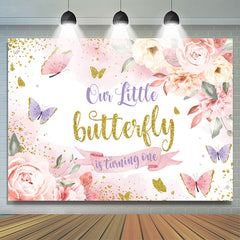 Lofaris Pink Floral And Butterful Glitter 1st Birthday Backdrop