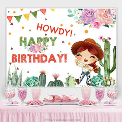 Lofaris Pink Floral And Cactus Howdy Birthday Backdrop For Cowgirl