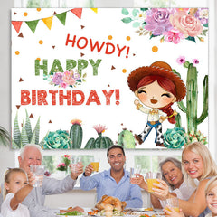 Lofaris Pink Floral And Cactus Howdy Birthday Backdrop For Cowgirl