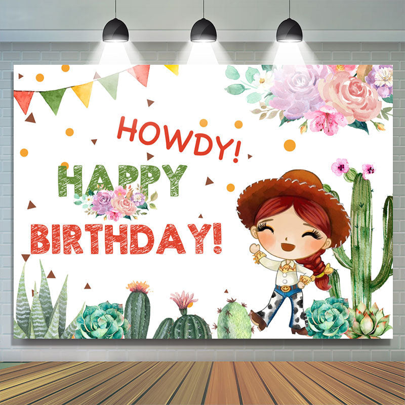 Lofaris Pink Floral And Cactus Howdy Birthday Backdrop For Cowgirl