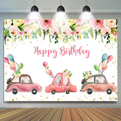 Lofaris Pink Floral And Car Party Parade Birthday Backdrop