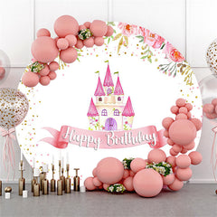 Lofaris Pink Floral And Castle Round Happy Birthday Backdrop