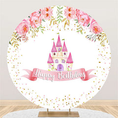 Lofaris Pink Floral And Castle Round Happy Birthday Backdrop