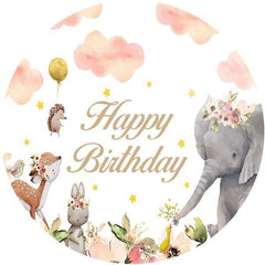 Lofaris Pink Floral And Cloud Elephant Round Birthday Backdrop