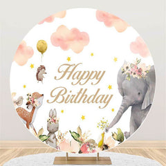 Lofaris Pink Floral And Cloud Elephant Round Birthday Backdrop