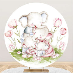 Lofaris Pink Floral And Elephant Family Round Baby Shower Backdrop