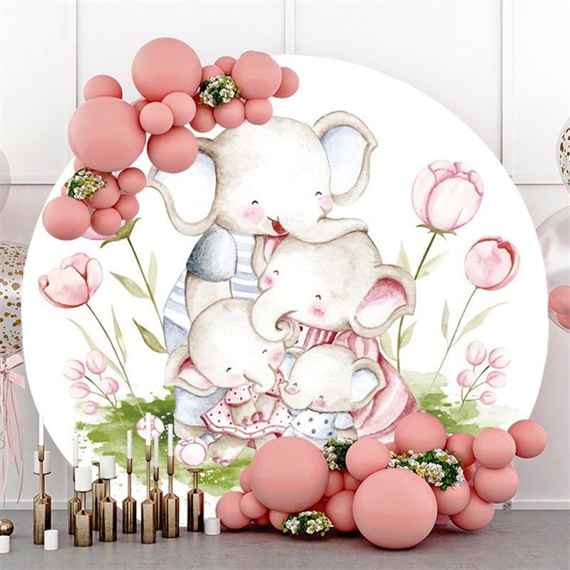 Lofaris Pink Floral And Elephant Family Round Baby Shower Backdrop